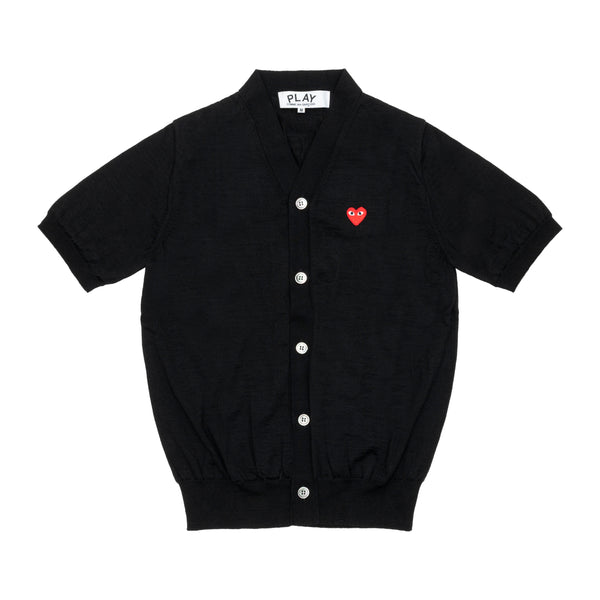 PLAY COMME des GARÇONS - V-Neck Short Sleeve Cardigan With Red Medium Emblem - (Black)