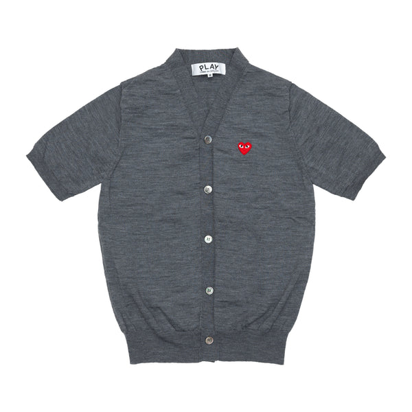 PLAY COMME des GARÇONS - V-Neck Short Sleeve Cardigan With Red Medium Emblem - (Medium Gray)