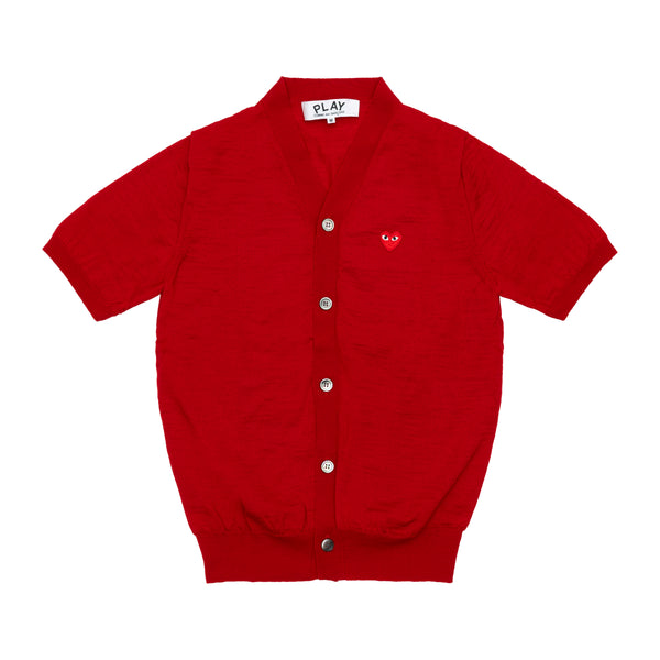 PLAY COMME des GARÇONS - V-Neck Short Sleeve Cardigan With Red Medium Emblem - (Red)