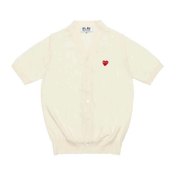 PLAY COMME des GARÇONS - V-Neck Short Sleeve Cardigan With Red Medium Emblem - (Off White)