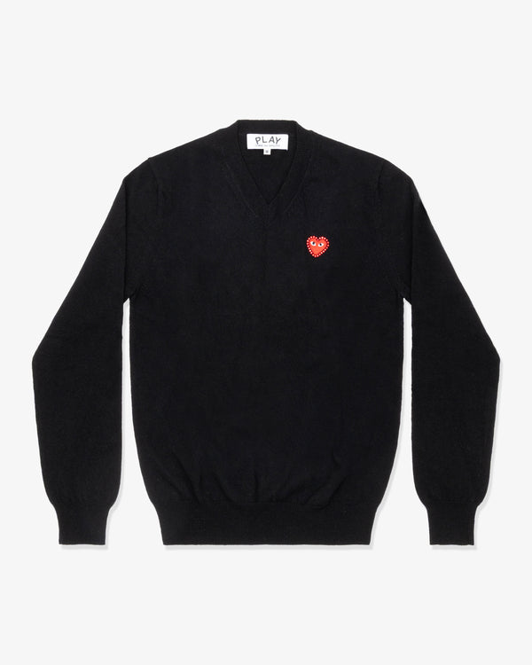 PLAY COMME des GARÇONS - V-Neck Sweater With Red Medium Emblem X Red Rhinestone - (Black)