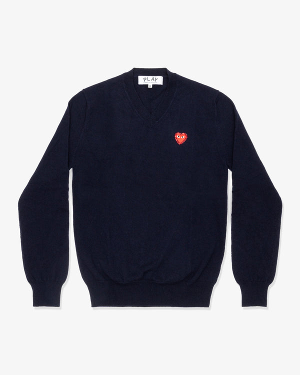 PLAY COMME des GARÇONS - V-Neck Sweater With Red Medium Emblem X Red Rhinestone - (Navy)
