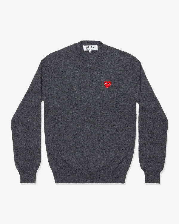 PLAY COMME des GARÇONS - V-Neck Sweater With Red Medium Emblem X Red Rhinestone - (Medium Gray)