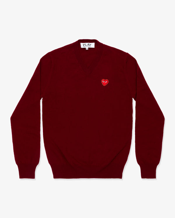 PLAY COMME des GARÇONS - V-Neck Sweater With Red Medium Emblem X Red Rhinestone - (Burgundy)