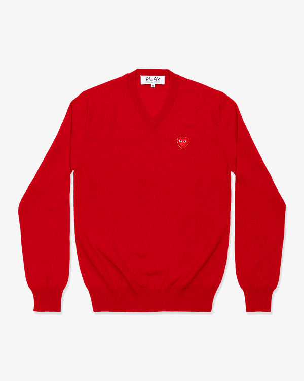 PLAY COMME des GARÇONS - V-Neck Sweater With Red Medium Emblem X Red Rhinestone - (Red)