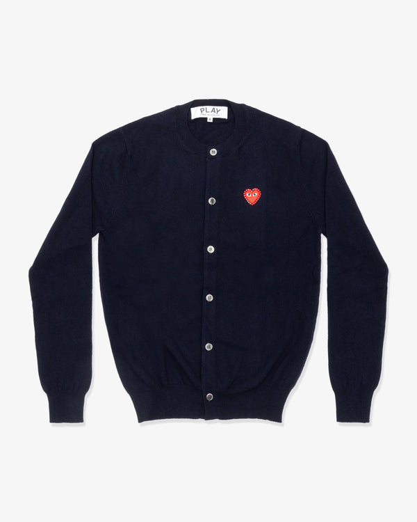PLAY COMME des GARÇONS - Round Neck Cardigan With Red Medium Emblem X Red Rhinestone - (Navy)