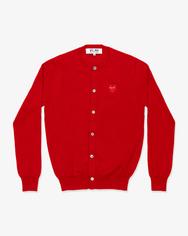 PLAY COMME des GARÇONS - Round Neck Cardigan With Red Medium Emblem X Red Rhinestone - (Red)