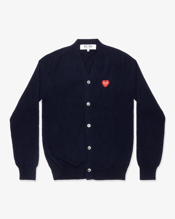PLAY COMME des GARÇONS - V-Neck Cardigan With Red Medium Emblem X Red Rhinestone - (Navy)