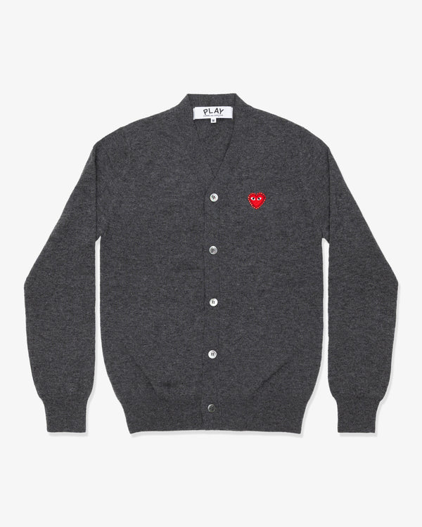 PLAY COMME des GARÇONS - V-Neck Cardigan With Red Medium Emblem X Red Rhinestone - (Medium Gray)