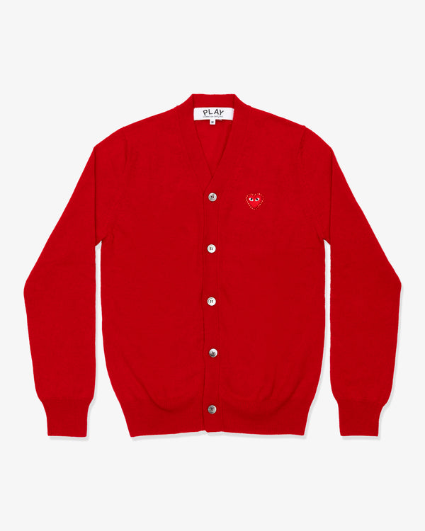 PLAY COMME des GARÇONS - V-Neck Cardigan With Red Medium Emblem X Red Rhinestone - (Red)