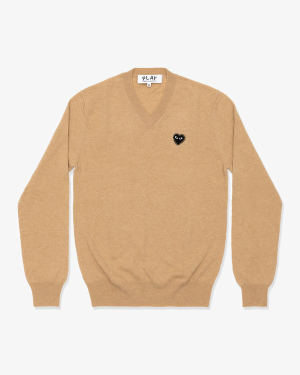 PLAY COMME des GARÇONS - V-Neck Sweater With Black Medium Emblem X Black Rhinestone - (Top Light Camel)