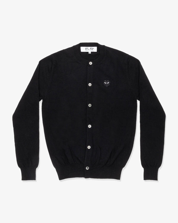 PLAY COMME des GARÇONS - Round Neck Cardigan With Black Medium Emblem X Black Rhinestone - (Black)