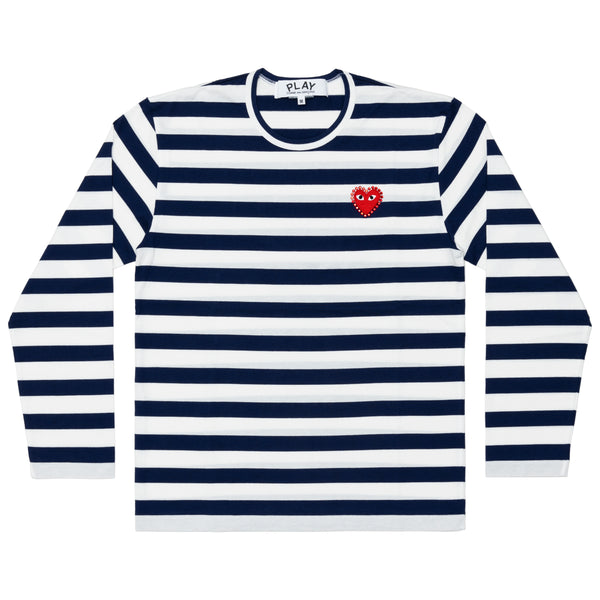 PLAY CDG - Unisex Border Long Sleeve T-Shirt Red Emblem X Rhinestone - (Navy/White)