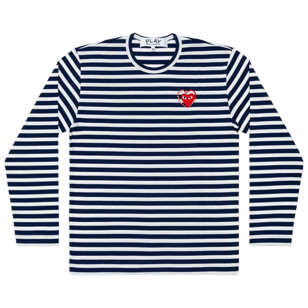 PLAY CDG - Unisex Border Long Sleeve T-Shirt Red Emblem X Rhinestone - (Navy/White)