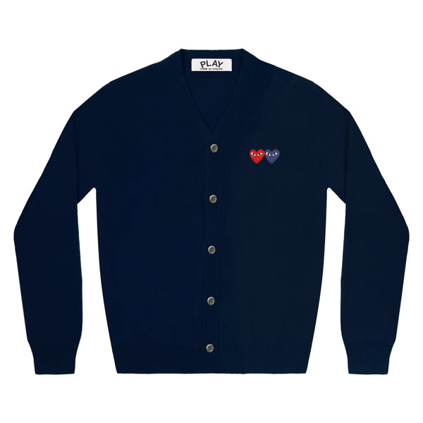 PLAY CDG - Unisex V-Neck Cardigan With Twin Emblem - (NAVY X BLUE)