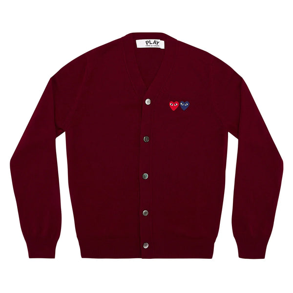 PLAY CDG - Unisex V-Neck Cardigan With Twin Emblem - (BURGUNDY X BLUE)