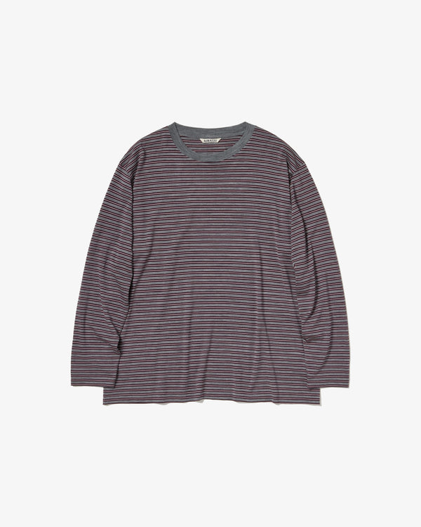 AURALEE - Soft Smooth Wool Stripe Jersey L/S Tee - (Gray Stripe)