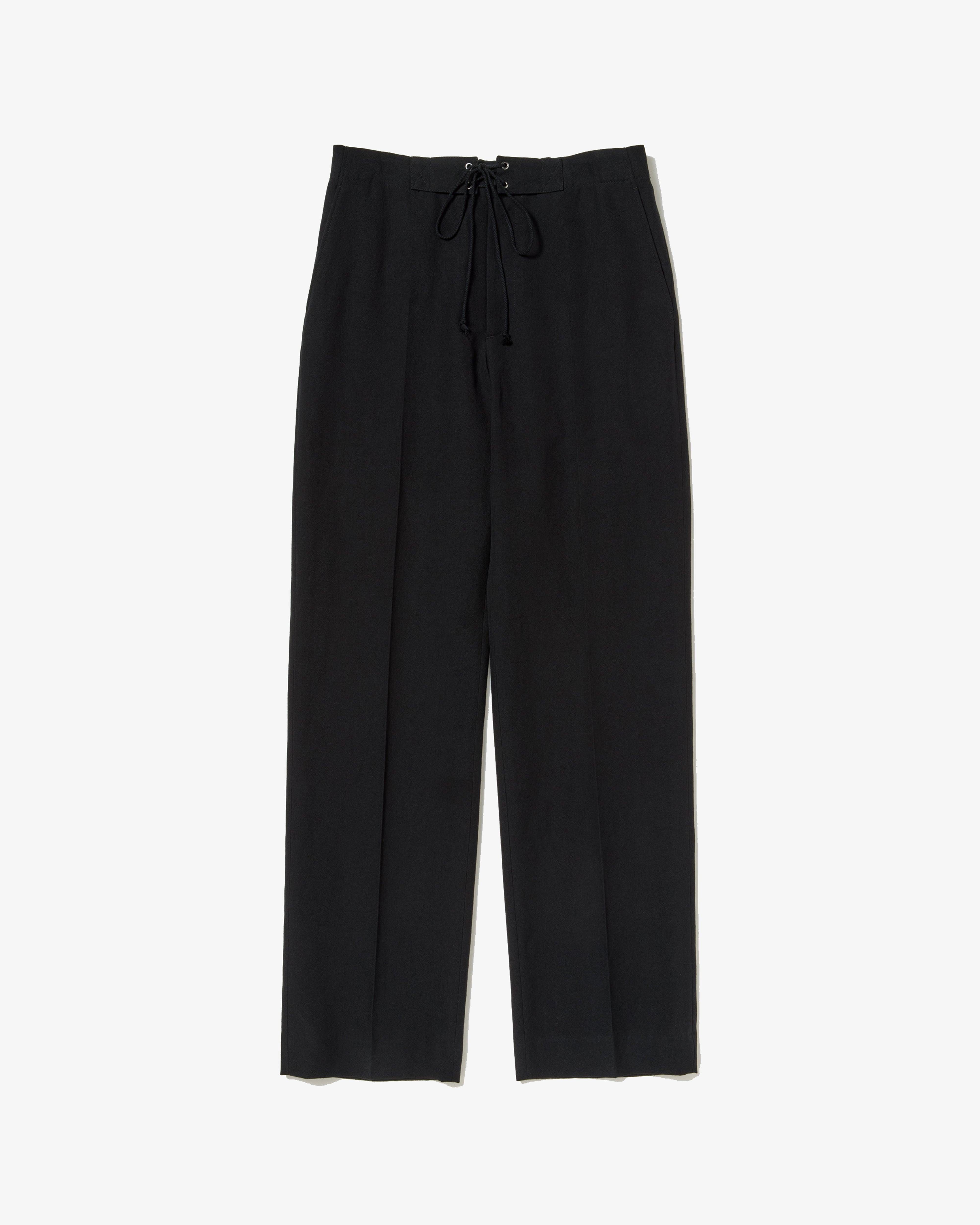 AURALEE: WOOL COTTON LINEN OX DRAWSTRING PANTS (BLACK) | DSMG E-SHOP