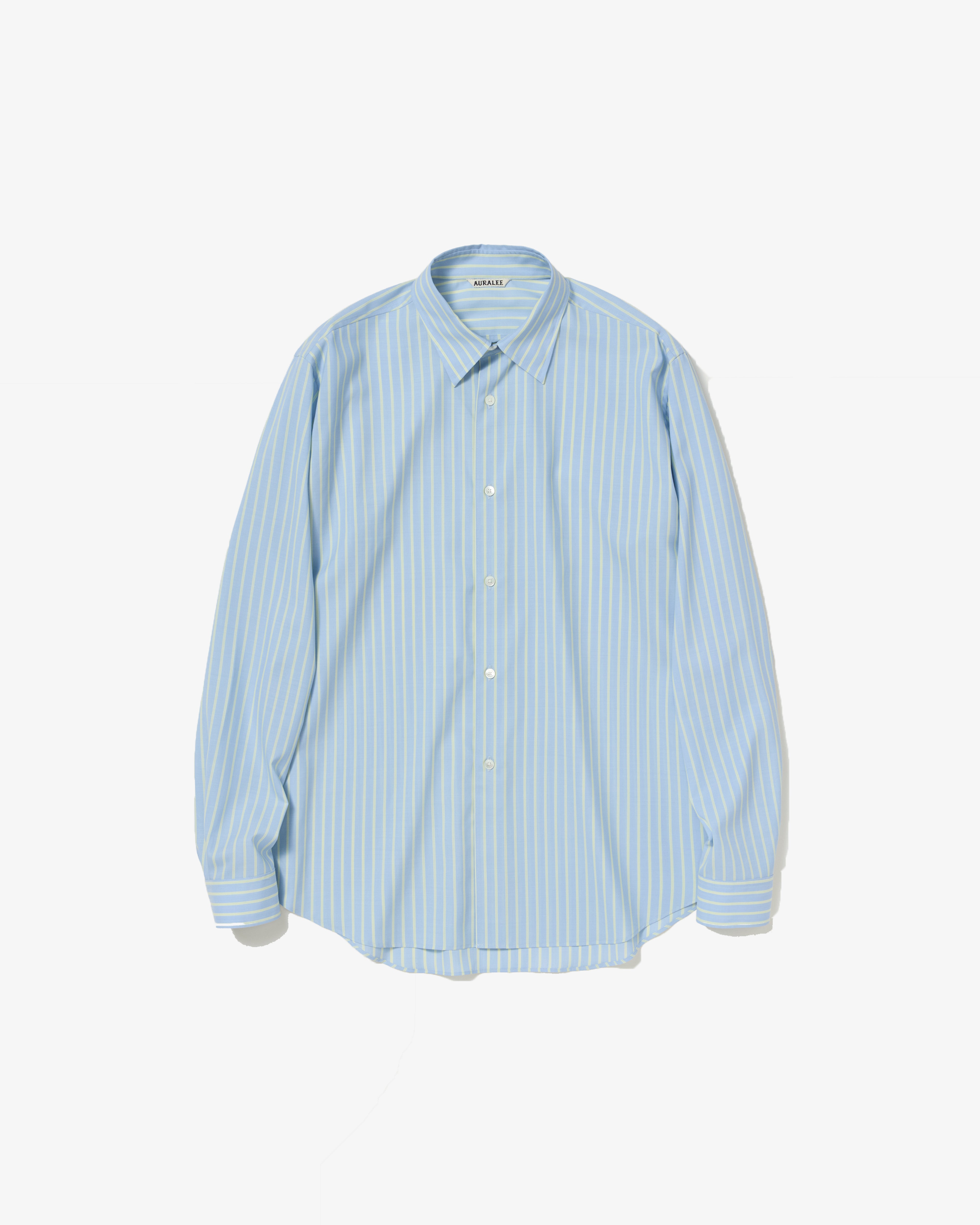 AURALEE: SUPER FINE WOOL STRIPE SHIRT (SAX BLUE LIME STRIPE