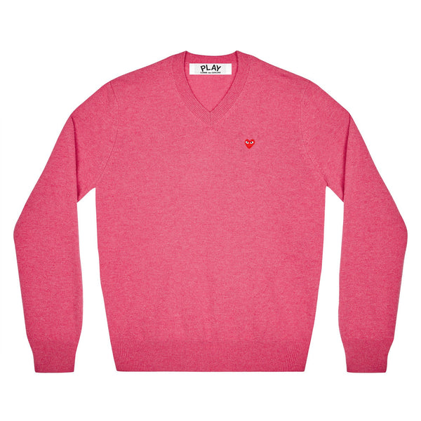 PLAY CDG - V NECK SWEATER WITH SMALL RED HEART - (PINK)