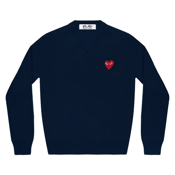 PLAY CDG - RED HEART V NECK SWEATER - (NAVY)