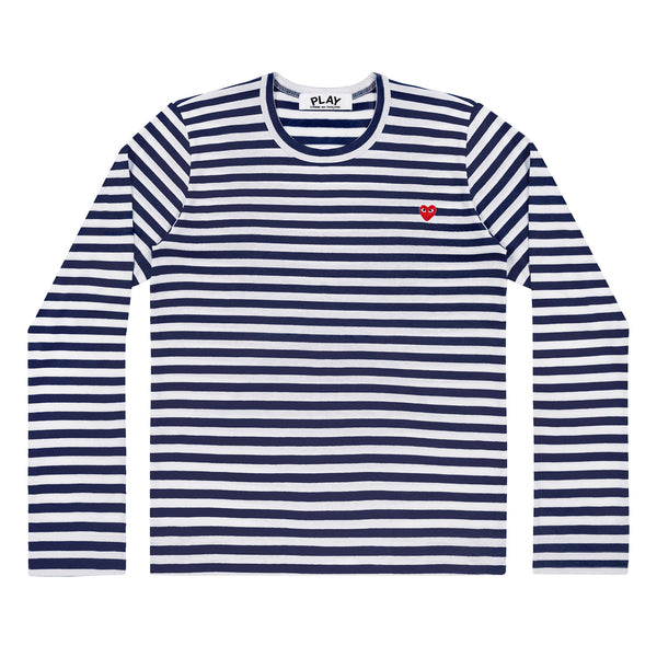 PLAY CDG - LITTLE RED HEART STRIPED L/S T-SHIRT - (NAVY/WHITE)