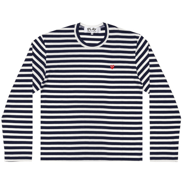 PLAY CDG - STRIPED T-SHIRT WITH SMALL RED HEART - (NAVY/WHT)