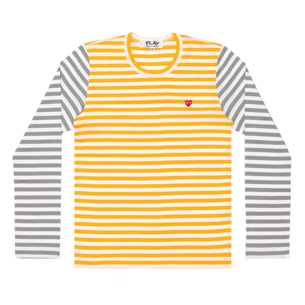 PLAY CDG - Small Red Heart Striped L/S T-Shirt - (Yellow X Gray)