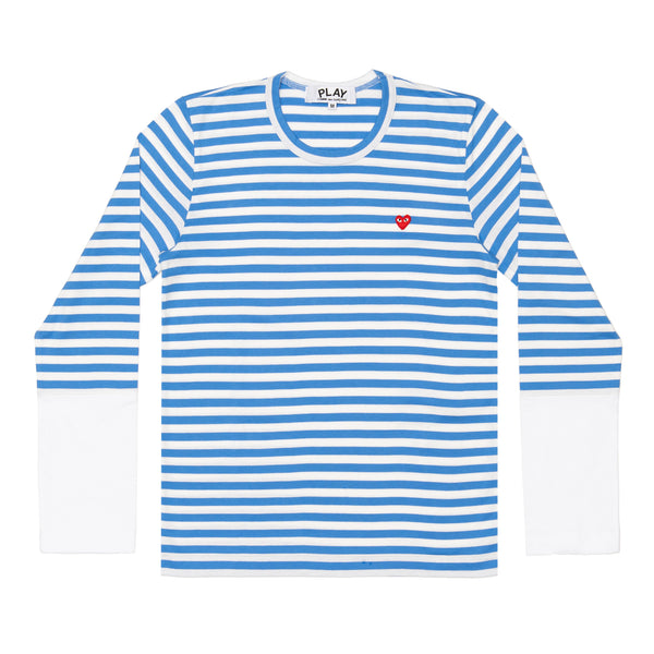 PLAY CDG - Small Red Heart Striped L/S T-Shirt - (Blue X White)