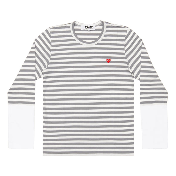 PLAY CDG - Small Red Heart Striped L/S T-Shirt - (Gray X White)