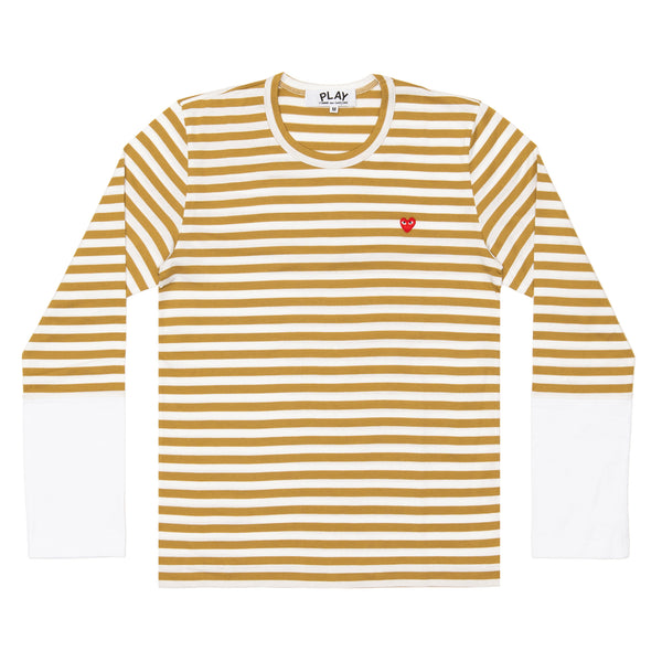 PLAY CDG - Small Red Heart Striped L/S T-Shirt - (Olive X White)