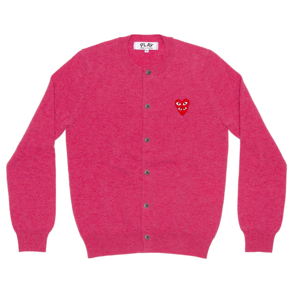PLAY CDG - DOUBLE RED HEART WOMEN'S CREW NECK CARDIGAN - (PINK)