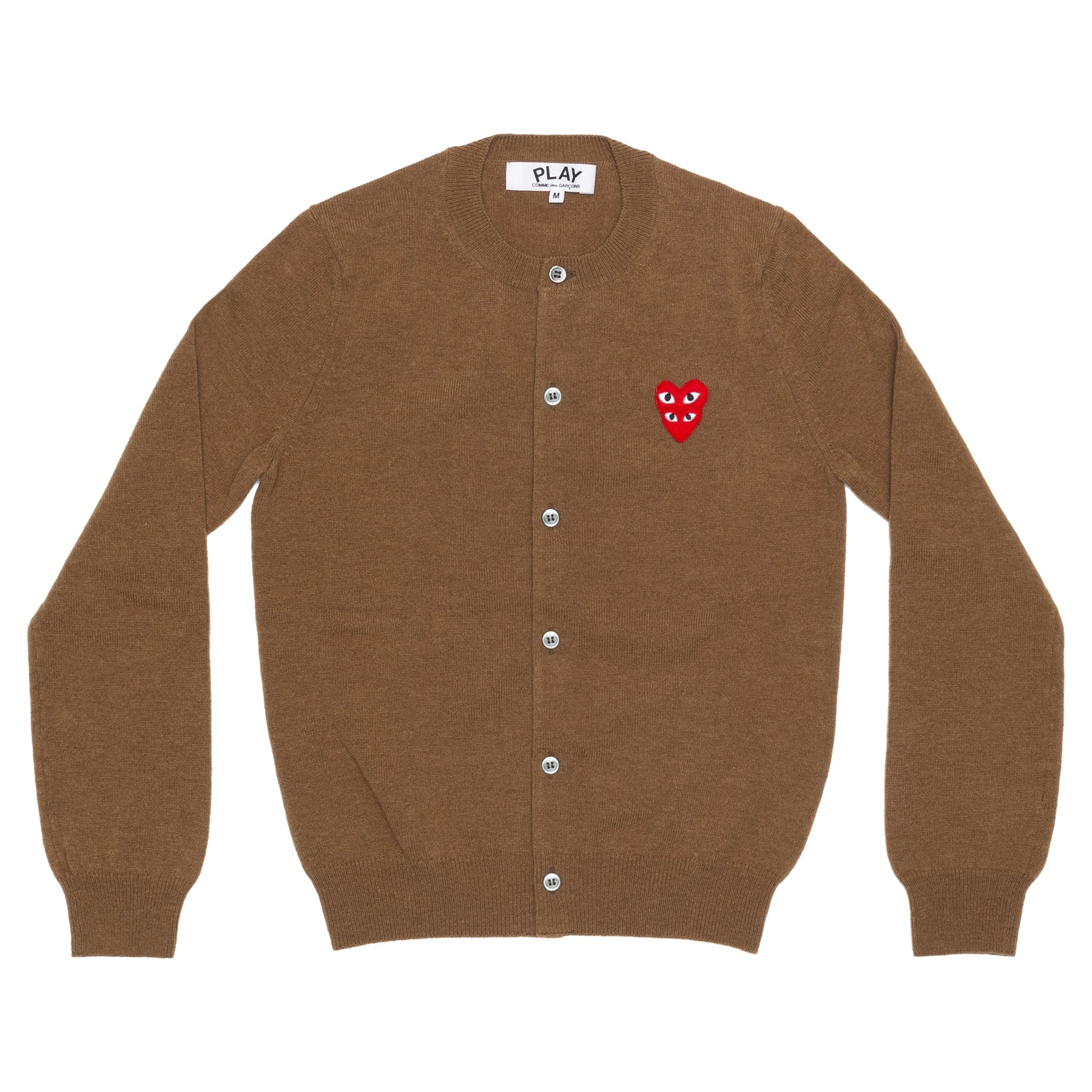 PLAY CDG - DOUBLE RED HEART WOMEN'S CREW NECK CARDIGAN - (BROWN) view 1