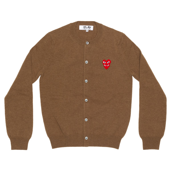 PLAY CDG - DOUBLE RED HEART WOMEN'S CREW NECK CARDIGAN - (BROWN)
