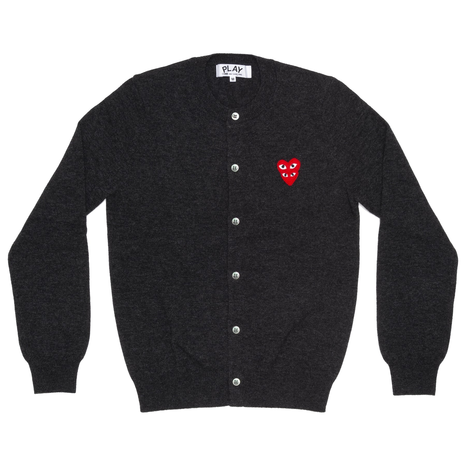 PLAY CDG - DOUBLE RED HEART WOMENS CREW NECK CARDIGAN - (CHACOAL GREY) view 1