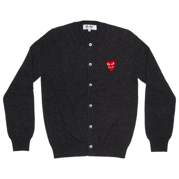 PLAY CDG - DOUBLE RED HEART WOMENS CREW NECK CARDIGAN - (CHACOAL GREY)