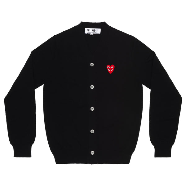 PLAY CDG - DOUBLE RED HEART MENS V NECK CARDIGAN - (BLACK)