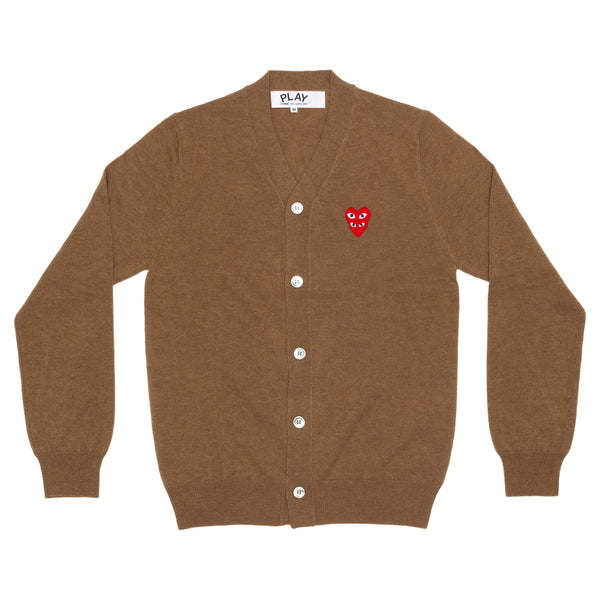PLAY CDG - DOUBLE RED HEART MEN'S V NECK CARDIGAN - (BROWN)