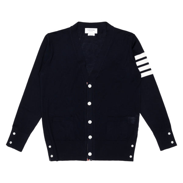 THOM BROWNE - MENS CLASSIC V-NECK CARDIGAN IN FIN - NAVY - (MKC002A-00014)